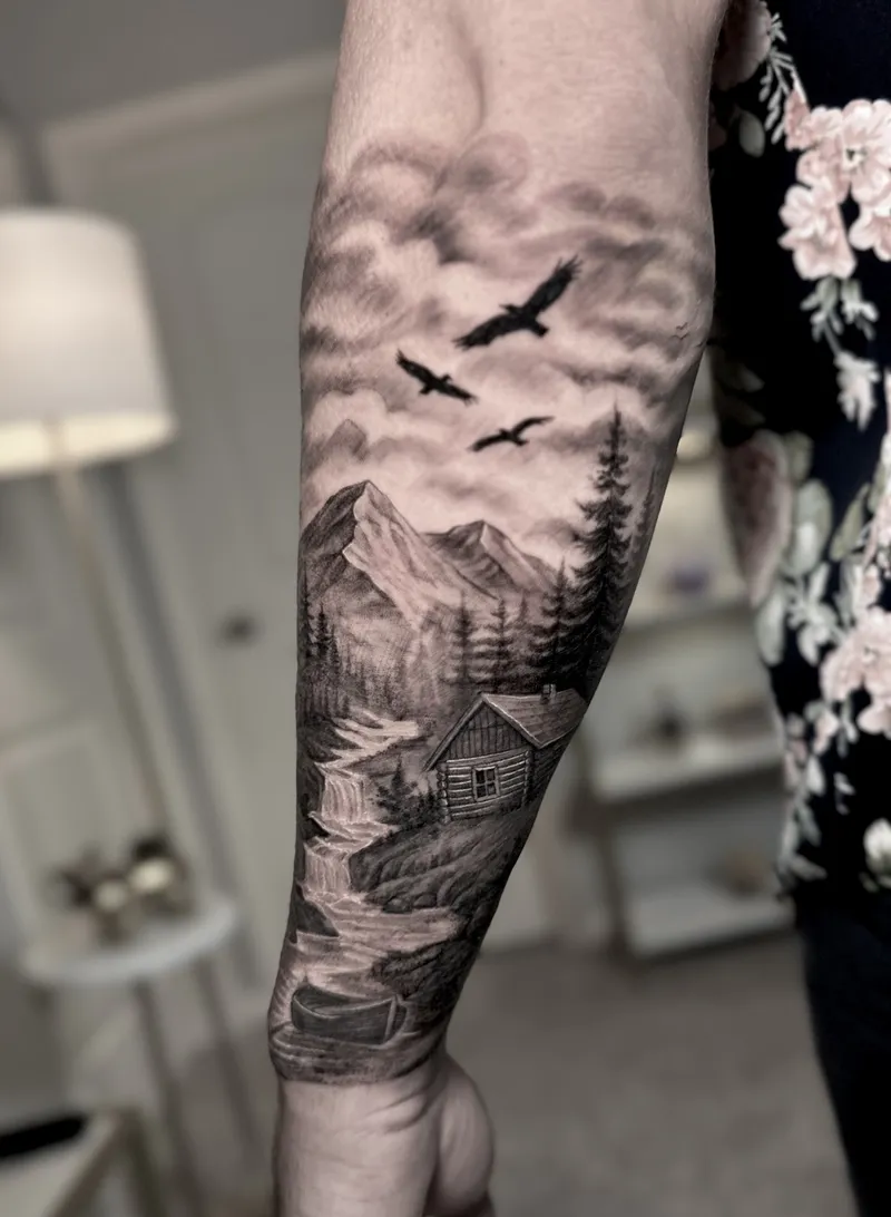Black and grey mountain landscape sleeve with pines and birds