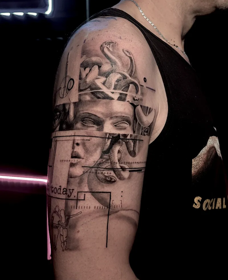 Black and grey classical statue sleeve tattoo in sketch style