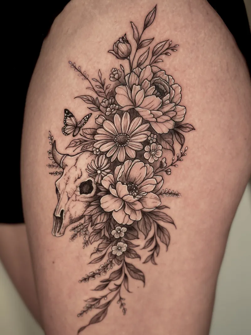 Black and grey floral thigh piece with a butterfly and skull