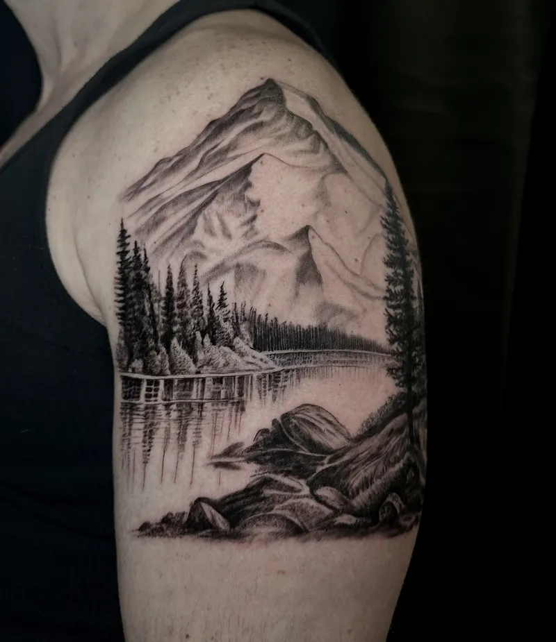 Black and grey mountain and lake landscape on the shoulder