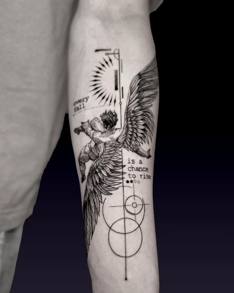 Sketch-style angel with geometric circles on the forearm