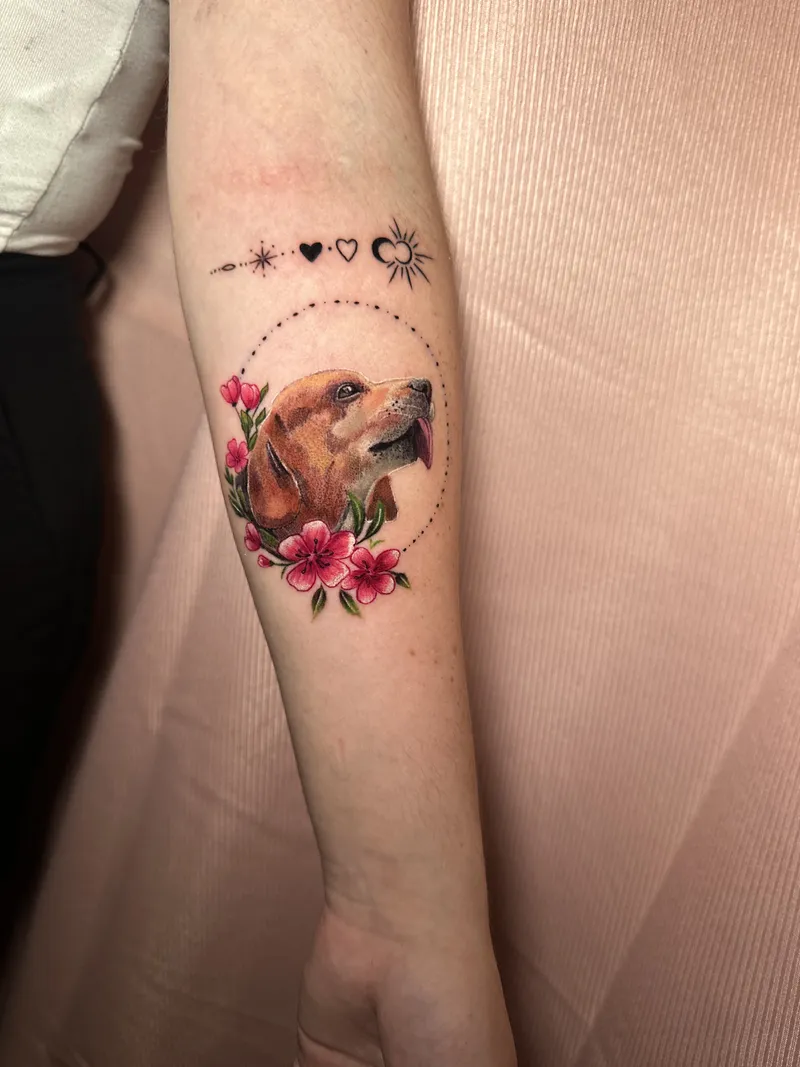 Fine line dog portrait framed in a circle with pink flowers