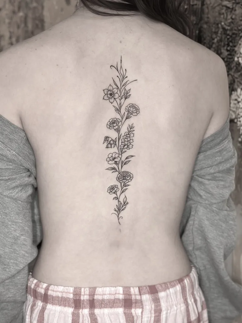 Fine line floral vine down the spine