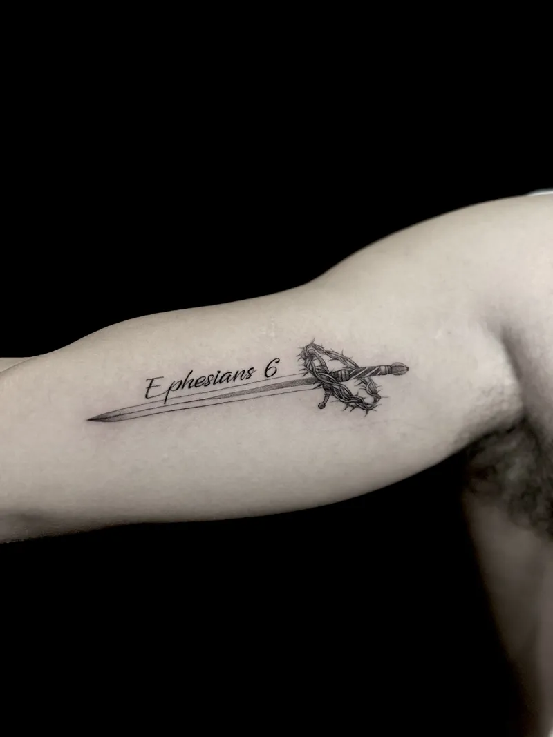 Fine line scripture and arrow along the inner bicep