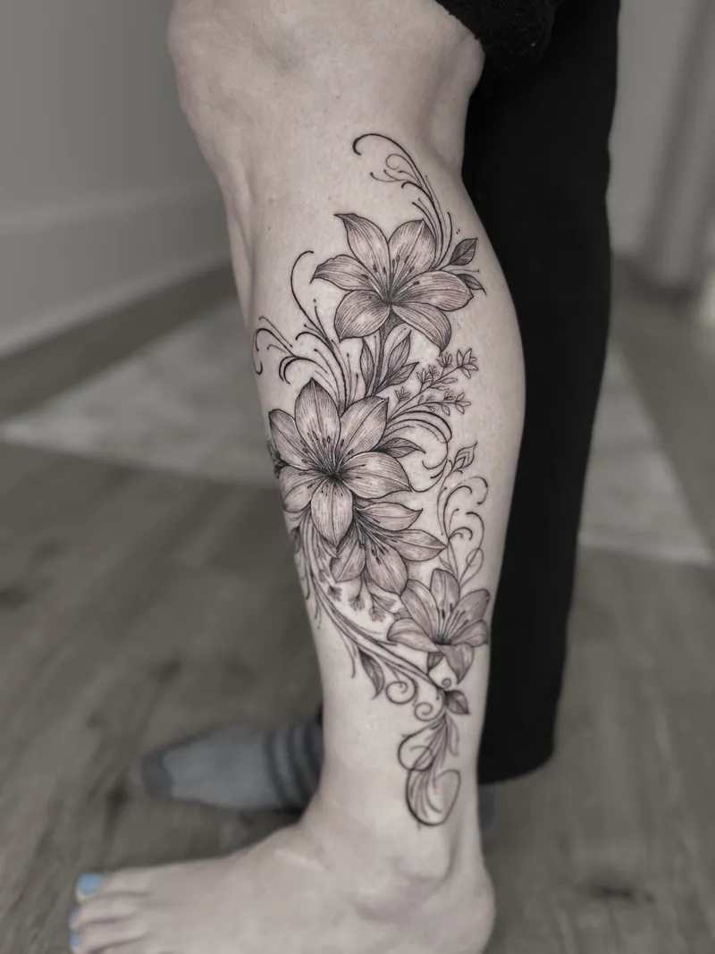 Fine line lilies and blossoms down the shin