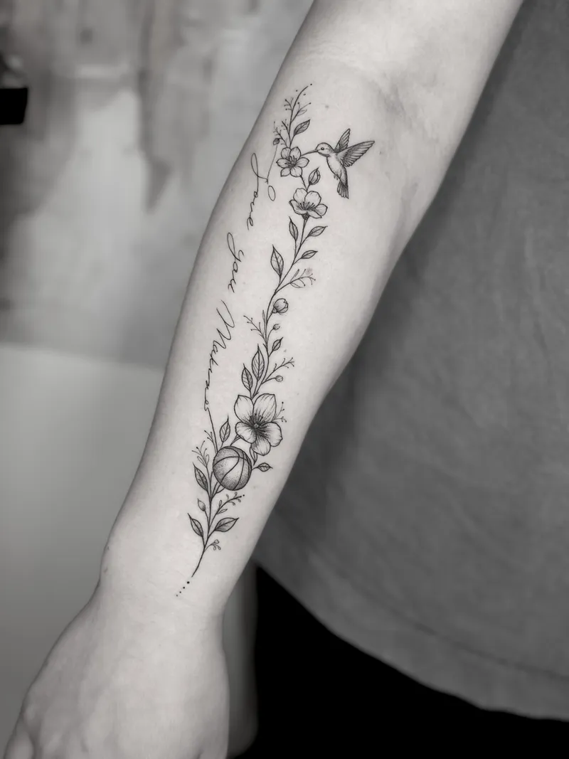 Fine line hummingbird and flowering branch along the forearm