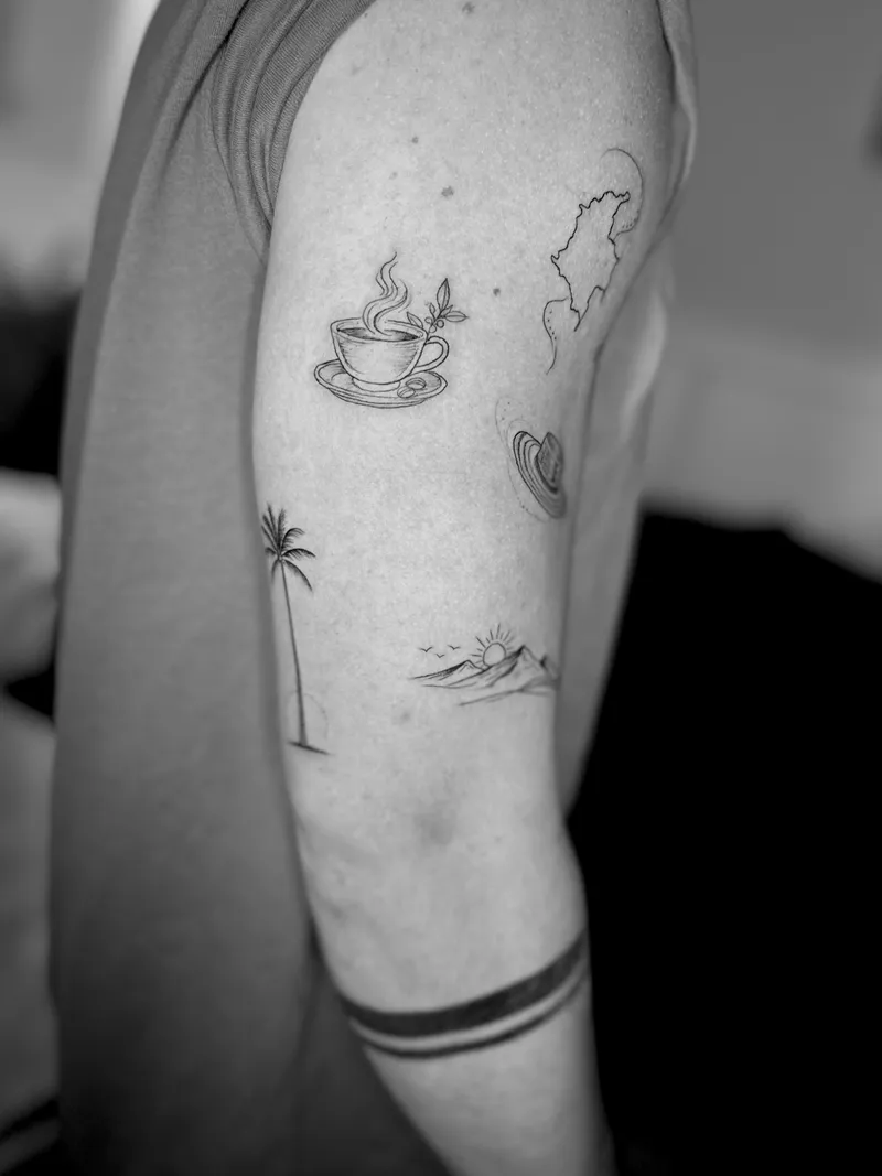 Fine line travel icons with a solid armband on the upper arm