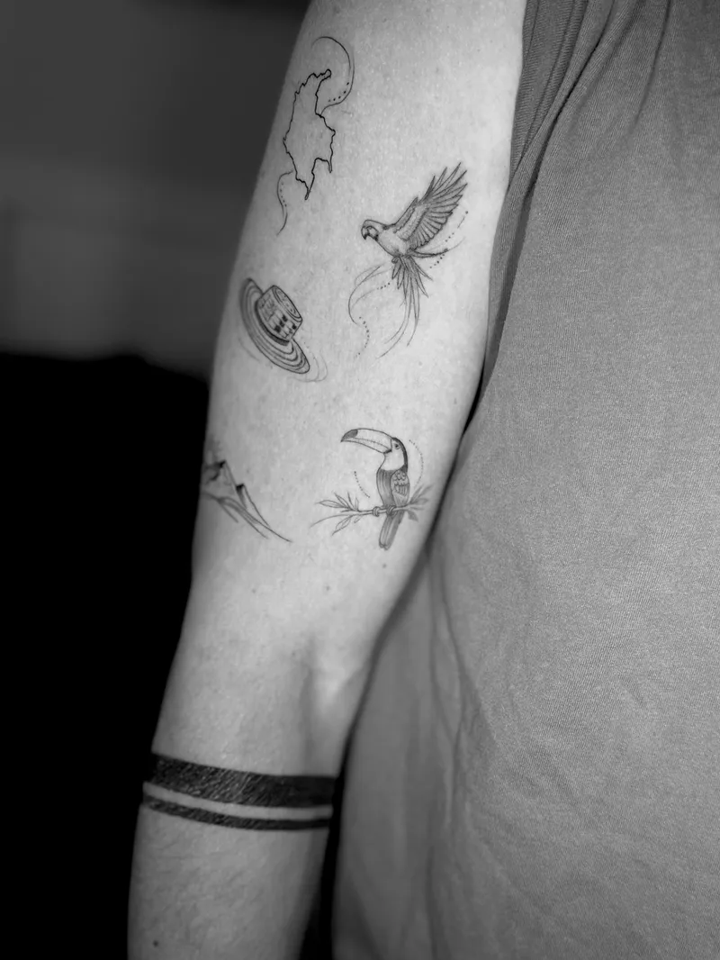 Fine line coffee cup, hummingbird and map with an armband