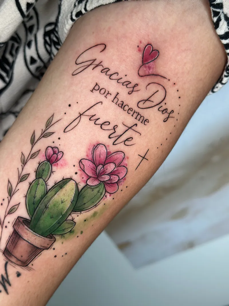 Watercolour cactus in a pot with pink blossoms and script