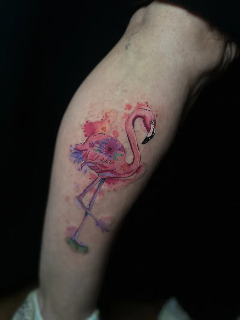 Watercolour flamingo in pink and purple on the calf